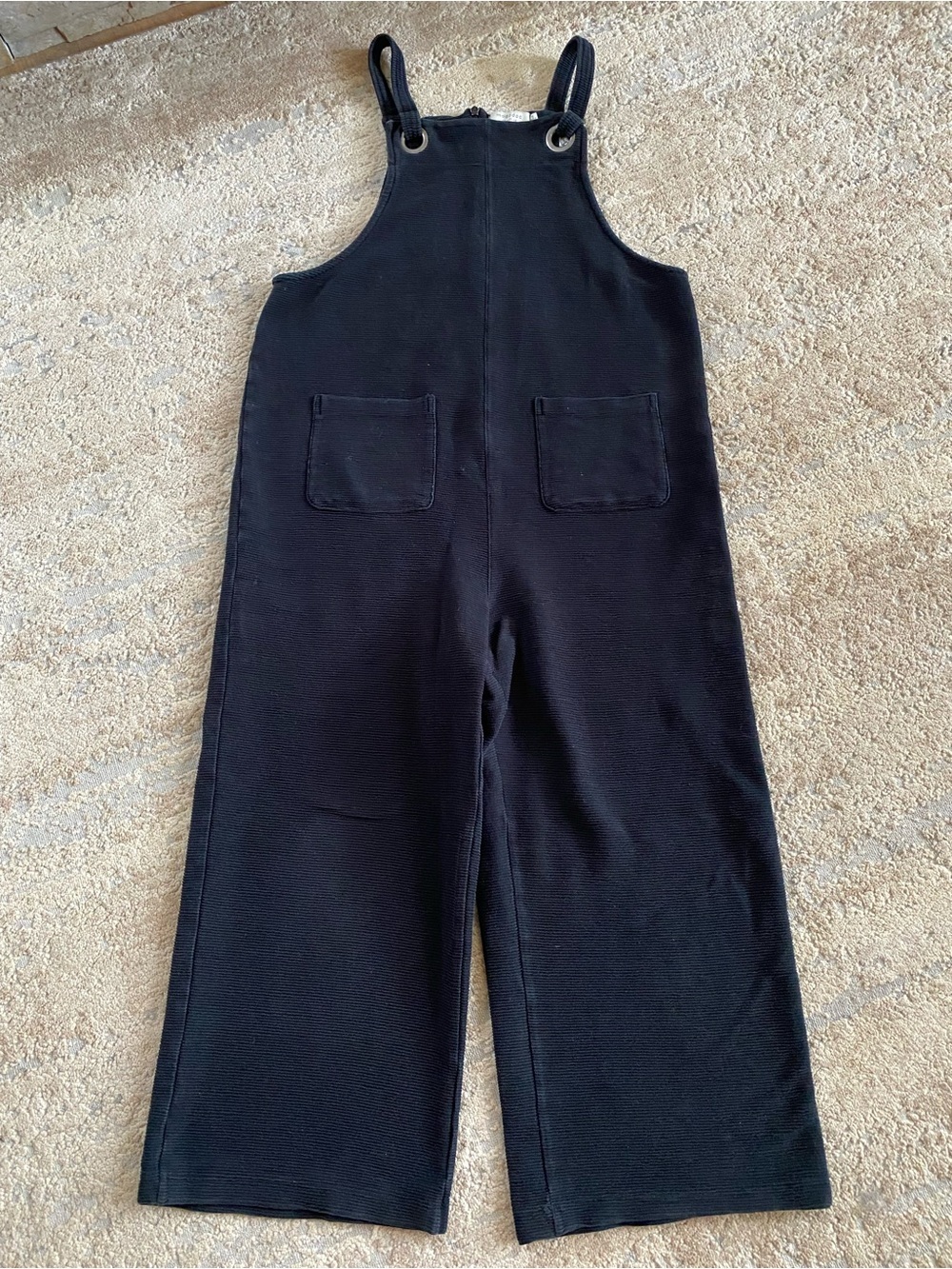 Mododoc Black Cropped Wide-Leg Overalls with Front Pockets Ribbed Cotton: Med